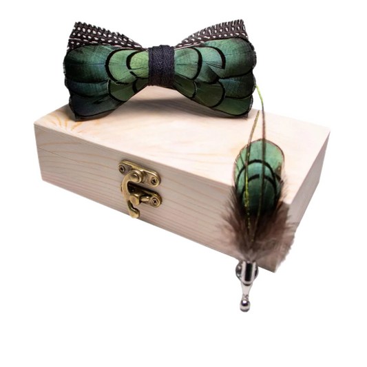 Green and Black Polka Dot Pheasant Feather Bow Tie and Pin Set