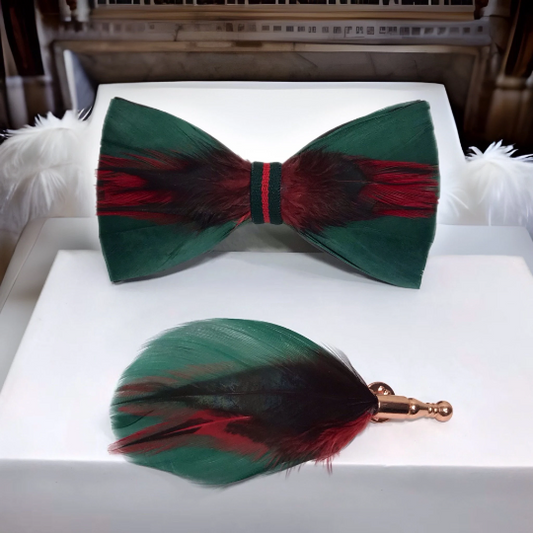 Dark Green and Red Dyed Rooster Feather Bow Tie & Gold Pin Set