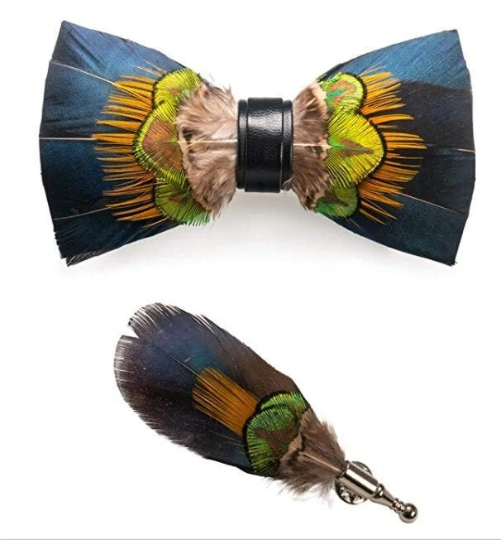 Navy Blue, Orange and Yellow Iridescent Peacock Feather Bow Tie & Pin Set