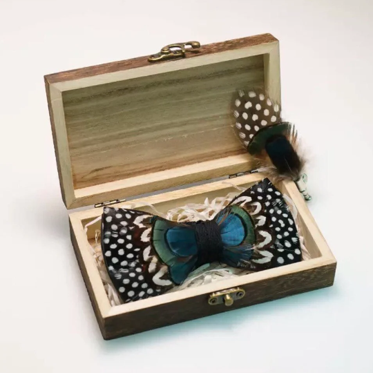 Polka Dot Blue Green and Black Iridescent Feather Bow Tie and Pin Set