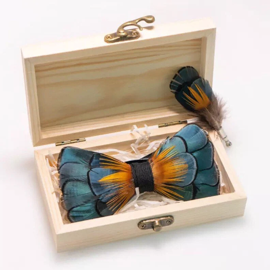 Navy Blue and Orange Iridescent Feather Bow Tie and Pin Set