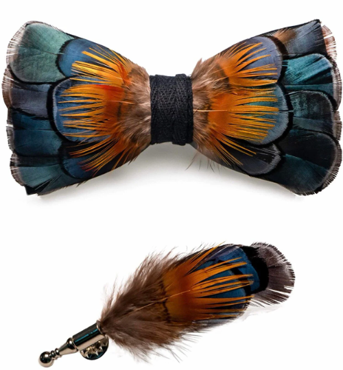 Navy Blue and Orange Iridescent Feather Bow Tie and Pin Set