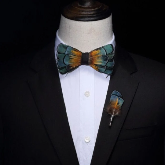 Navy Blue and Orange Iridescent Feather Bow Tie and Pin Set