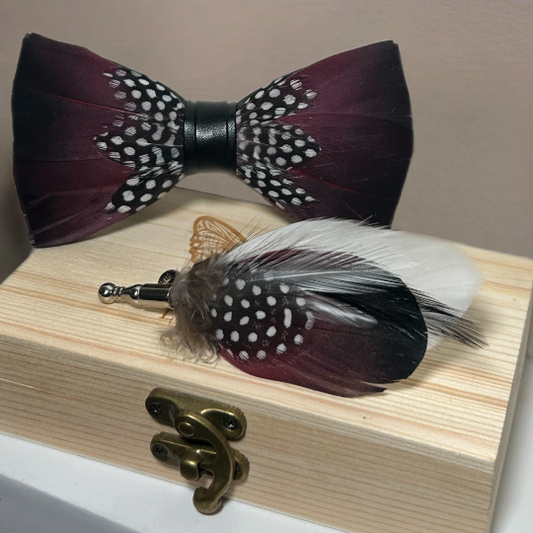 Dark Burgundy Eggplant Ombre Black and White Polka Dot Feather Bow Tie & Pin Set