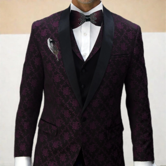 Dark Burgundy Eggplant Ombre Black and White Polka Dot Feather Bow Tie & Pin Set