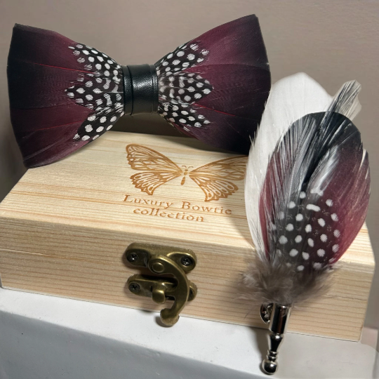 Dark Burgundy Eggplant Ombre Black and White Polka Dot Feather Bow Tie & Pin Set