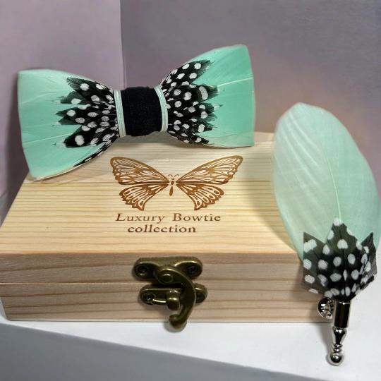 Fancy Mint Green, Black and White Polka Dot Feather Bow Tie and Pin Set