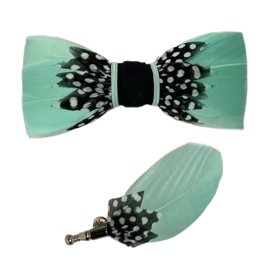 Fancy Mint Green, Black and White Polka Dot Feather Bow Tie and Pin Set