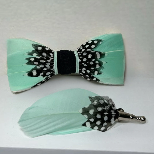 Fancy Mint Green, Black and White Polka Dot Feather Bow Tie and Pin Set