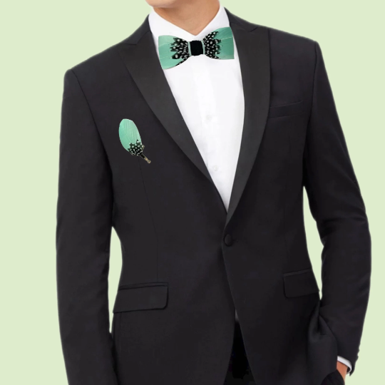 Fancy Mint Green, Black and White Polka Dot Feather Bow Tie and Pin Set