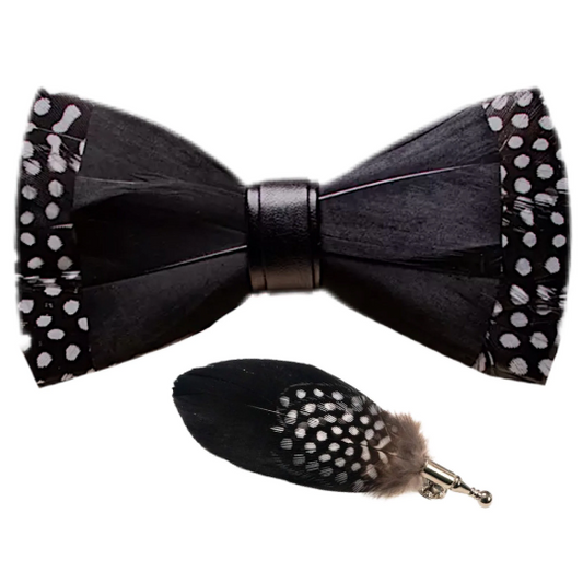 Black and White Polka Dot Trim Feather Bow Tie & Pin Set