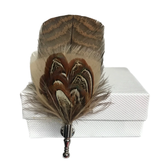 Brown / Beige Wild Turkey Tail / Pheasant Feather Lapel Pin