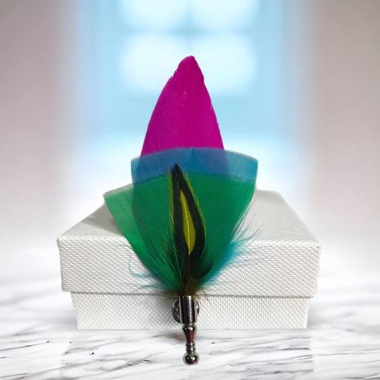 Fuchsia Pink, Turquoise Blue, Green and Yellow Hen Feather Lapel Pin