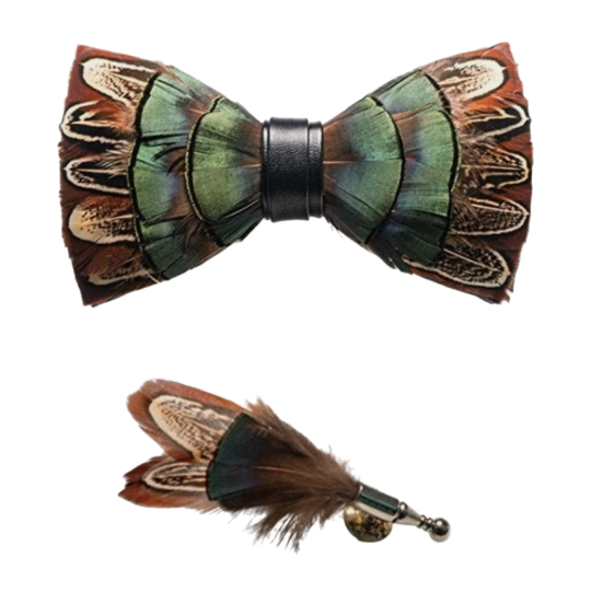 Pecan Brown and Juniper Green Feather Bow Tie and Pin Set