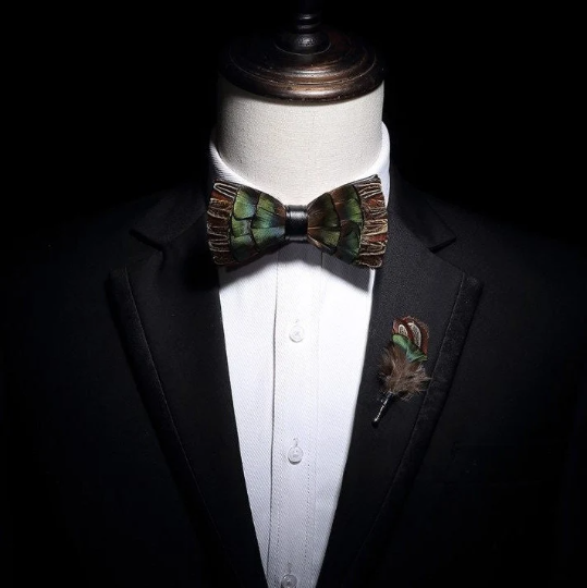 Pecan Brown and Juniper Green Feather Bow Tie and Pin Set