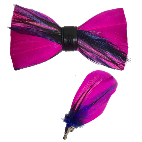 Fuchsia Pink/ Blue Dyed Rooster Feather Bow Tie & Pin Set