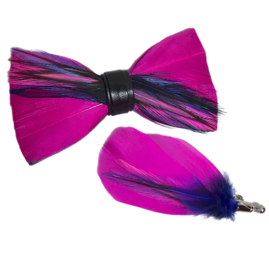 Fuchsia Pink/ Blue Dyed Rooster Feather Bow Tie & Pin Set