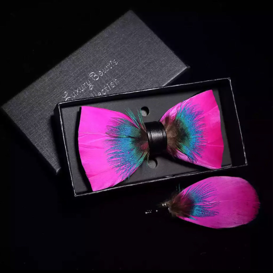 Fuchsia Pink/ Blue Dyed Rooster Feather Bow Tie & Pin Set