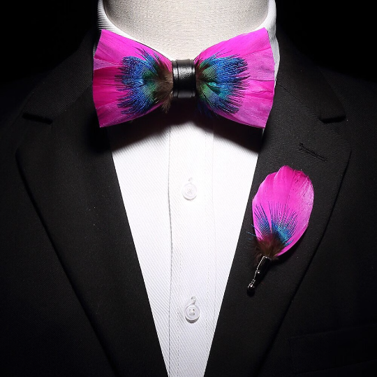 Fuchsia Pink/ Blue Dyed Rooster Feather Bow Tie & Pin Set