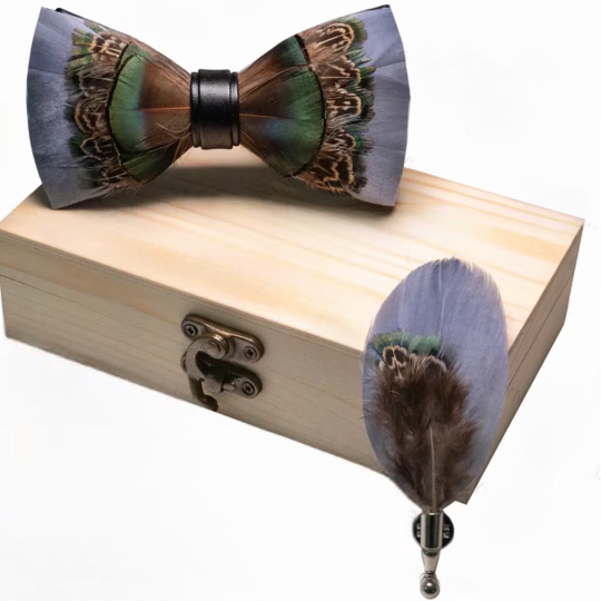 Stylish Gray, Green, Brown and Black Peacock Pheasant Real Feather Bow Tie & Pin Set