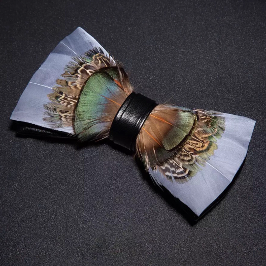 Stylish Gray, Green, Brown and Black Peacock Pheasant Real Feather Bow Tie & Pin Set