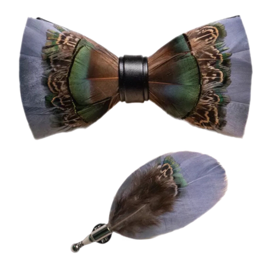 Stylish Gray, Green, Brown and Black Peacock Pheasant Real Feather Bow Tie & Pin Set