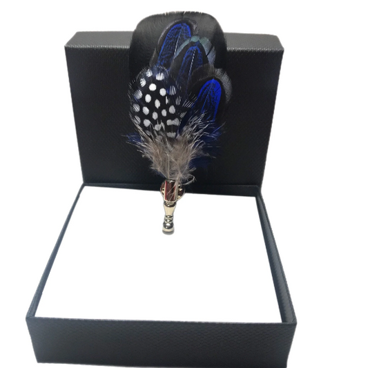 Black, White and Royal Blue Polka Dot Feather Lapel Pin