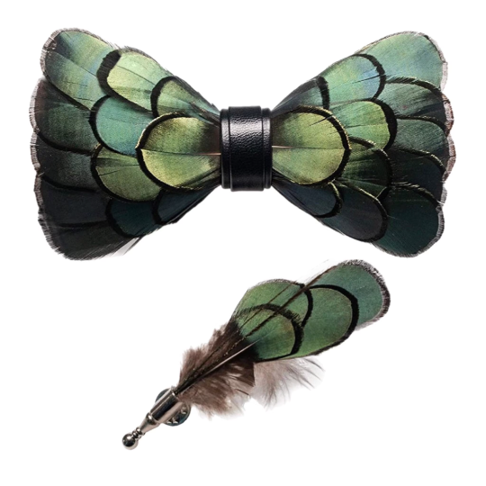 Juniper Green and Black Iridescent Feather Bow Tie Lapel Pin Set (Child & Adult Size)