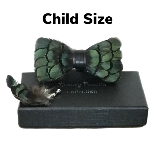 Juniper Green and Black Iridescent Feather Bow Tie Lapel Pin Set (Child & Adult Size)