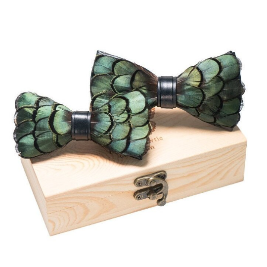 Juniper Green and Black Iridescent Feather Bow Tie Lapel Pin Set (Child & Adult Size)