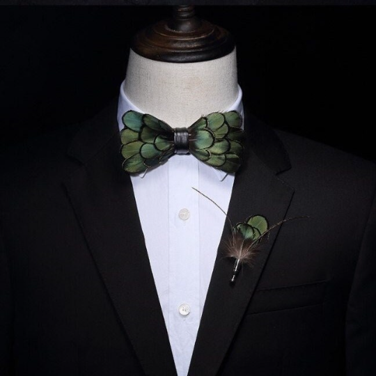 Juniper Green and Black Iridescent Feather Bow Tie Lapel Pin Set (Child & Adult Size)