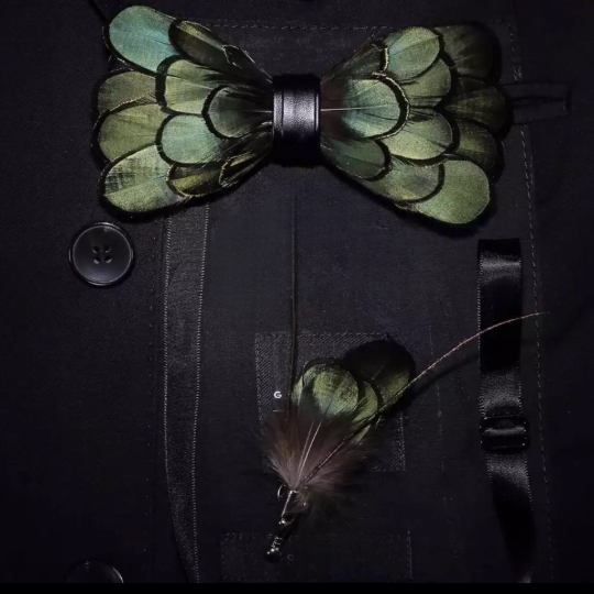 Juniper Green and Black Iridescent Feather Bow Tie Lapel Pin Set (Child & Adult Size)