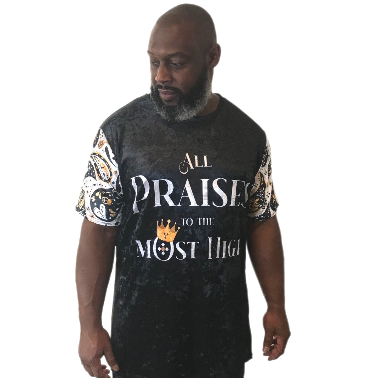 ALL PRAISES TO THE MOST HIGH Paisley Sleeve Velvet T Shirt