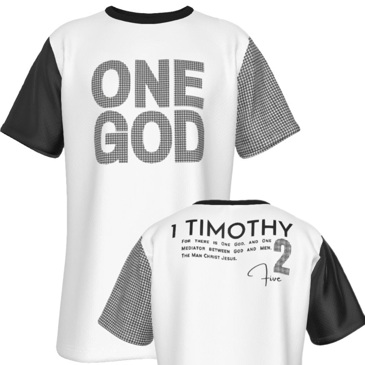 ONE GOD 1 Timothy 2:5 Houndstooth Print Sleeve Black T Shirt