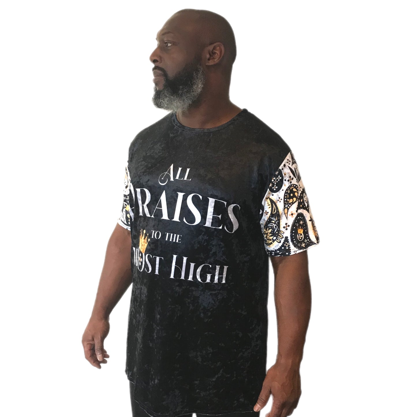 ALL PRAISES TO THE MOST HIGH Paisley Sleeve Velvet T Shirt