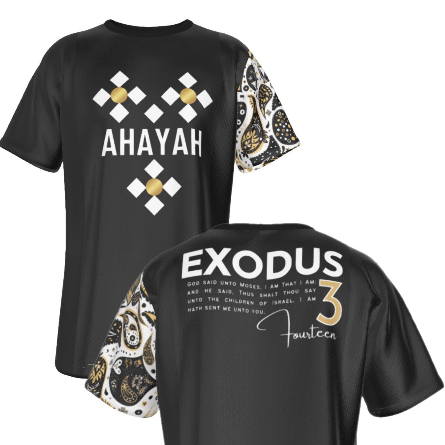 AHAYAH - I AM THAT I AM - Exodus 3:14 Scripture Paisley Sleeve Black Jersey T Shirt