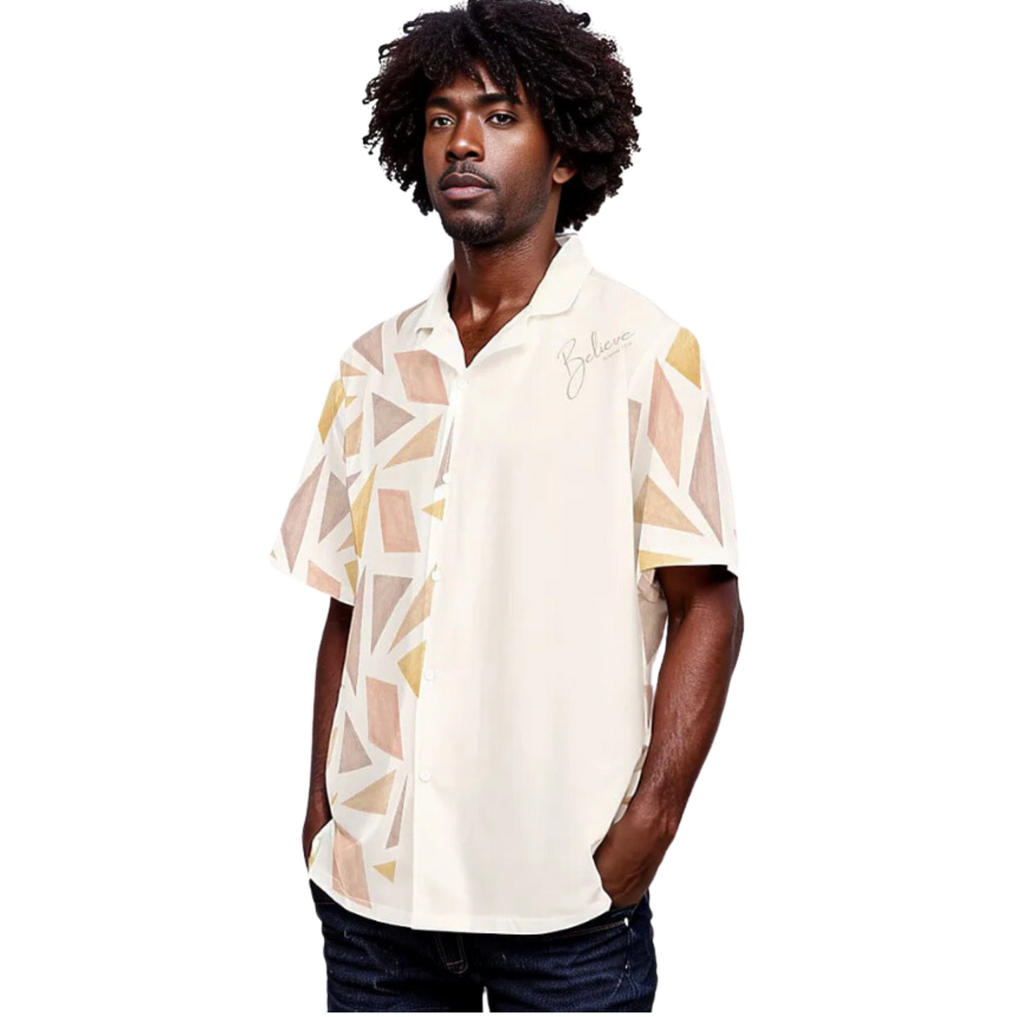 BELIEVE Abstract Pattern Hawaiian Button Shirt