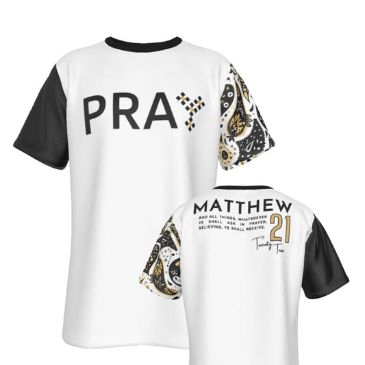 PRAY Matthew 21:22 Scripture Paisley Sleeve Black T Shirt