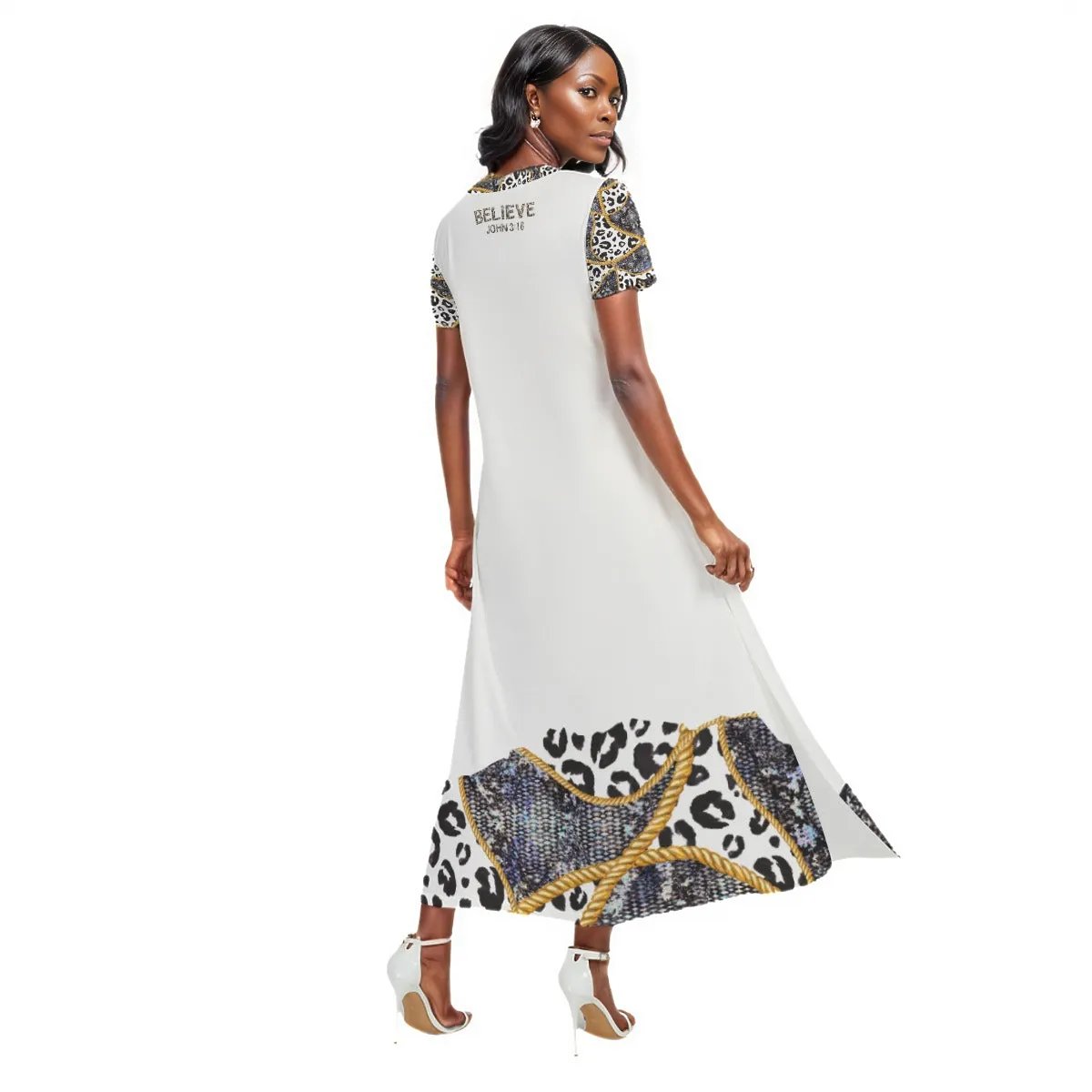 BELIEVE John 3:16 Leopard Snake Chain Print White Dress