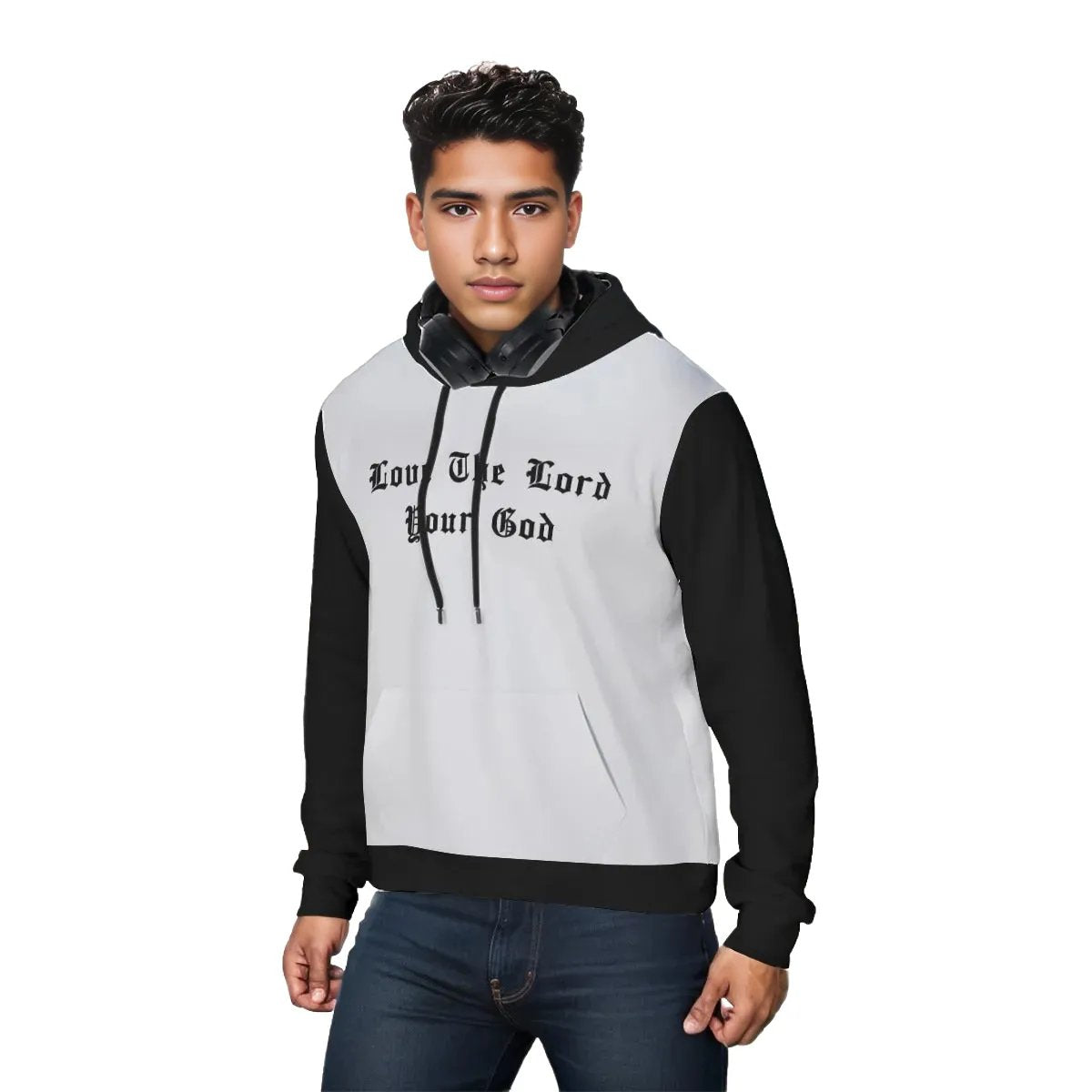 LOVE THE LORD YOUR GOD Old English Letter Black Sleeve Hoodie