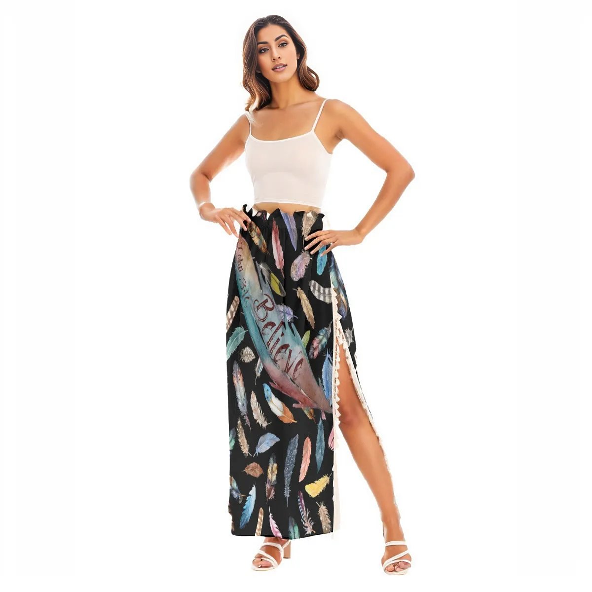 BELIEVE Feather Print Side Split Long Fringe Skirt