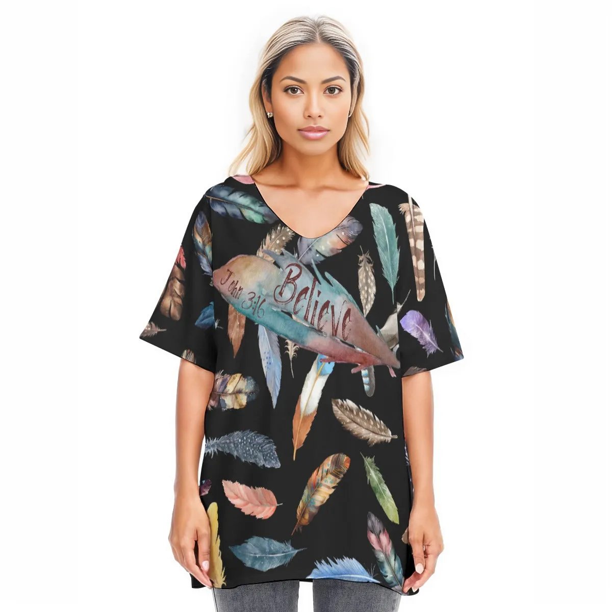 BELIEVE Black Feather Print Draped Sleeve Cotton Blouse