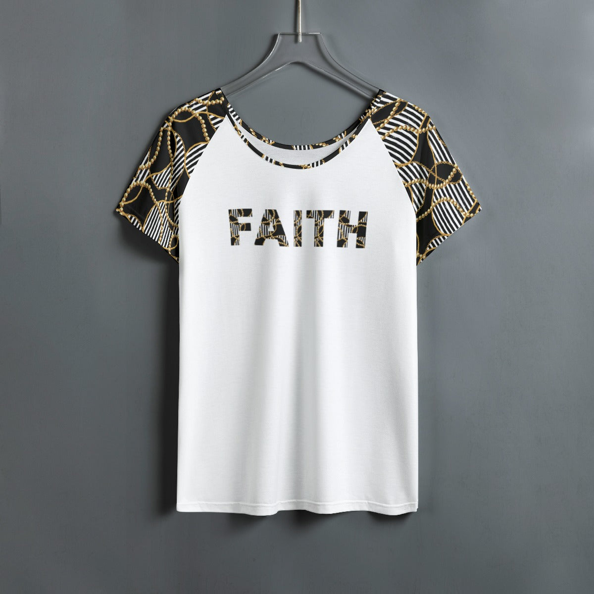 FAITH Black and White Stripe Bead Chain Print Round Neck Shirt