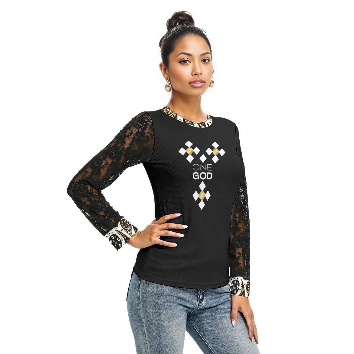 ONE GOD Praise Him Black Lace Sleeve Paisley Collar Shirt