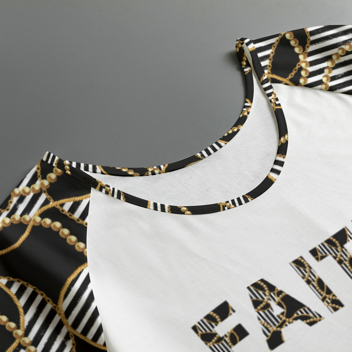 FAITH Black and White Stripe Bead Chain Print Round Neck Shirt