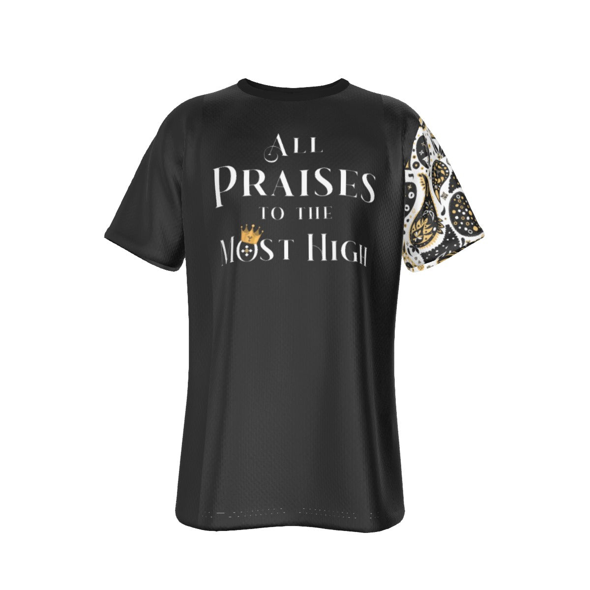 ALL PRAISES TO THE MOST HIGH Psalm 7:17 Scripture Paisley Sleeve Black T Shirt