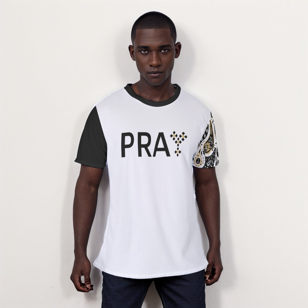 PRAY Matthew 21:22 Scripture Paisley Sleeve Black T Shirt