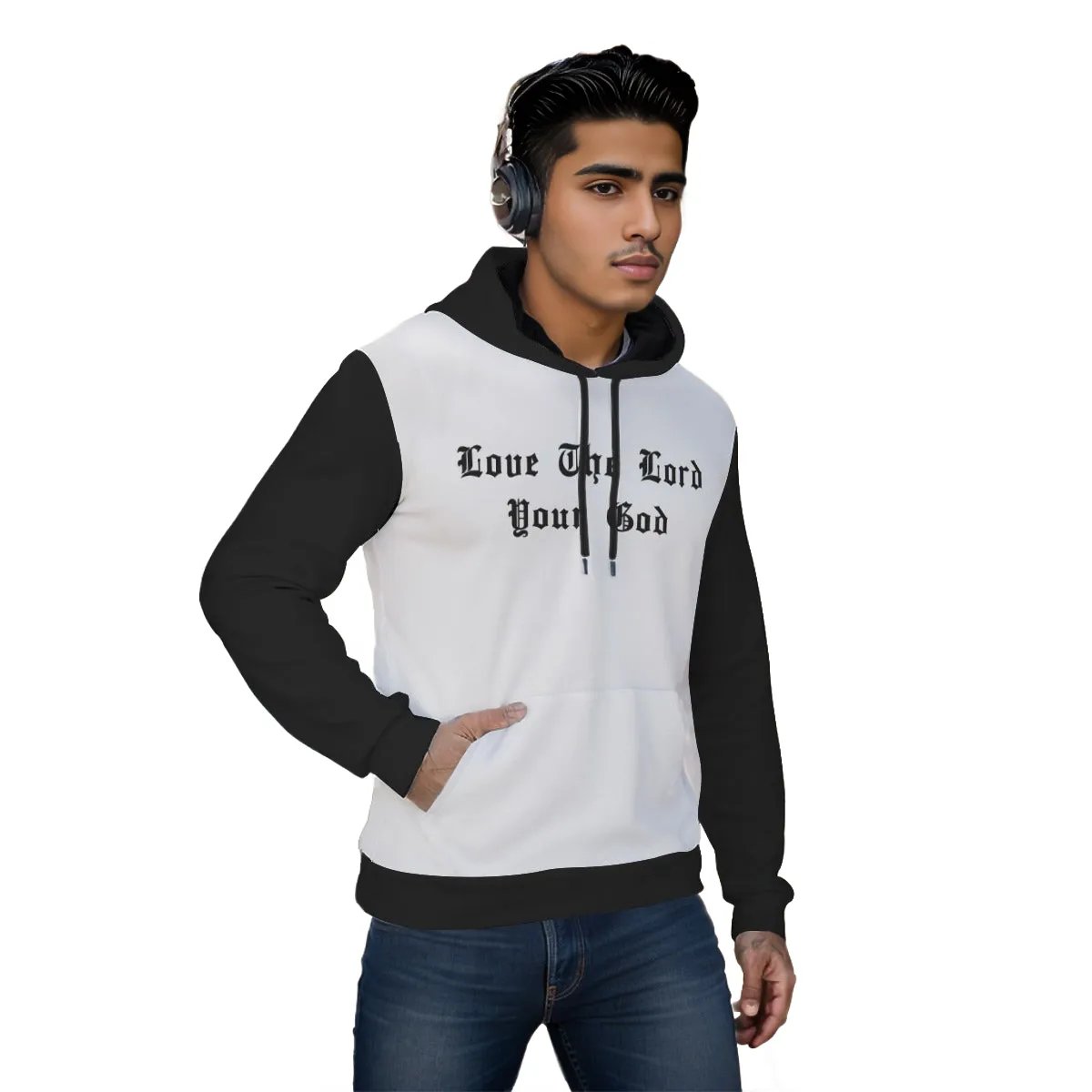 LOVE THE LORD YOUR GOD Old English Letter Black Sleeve Hoodie