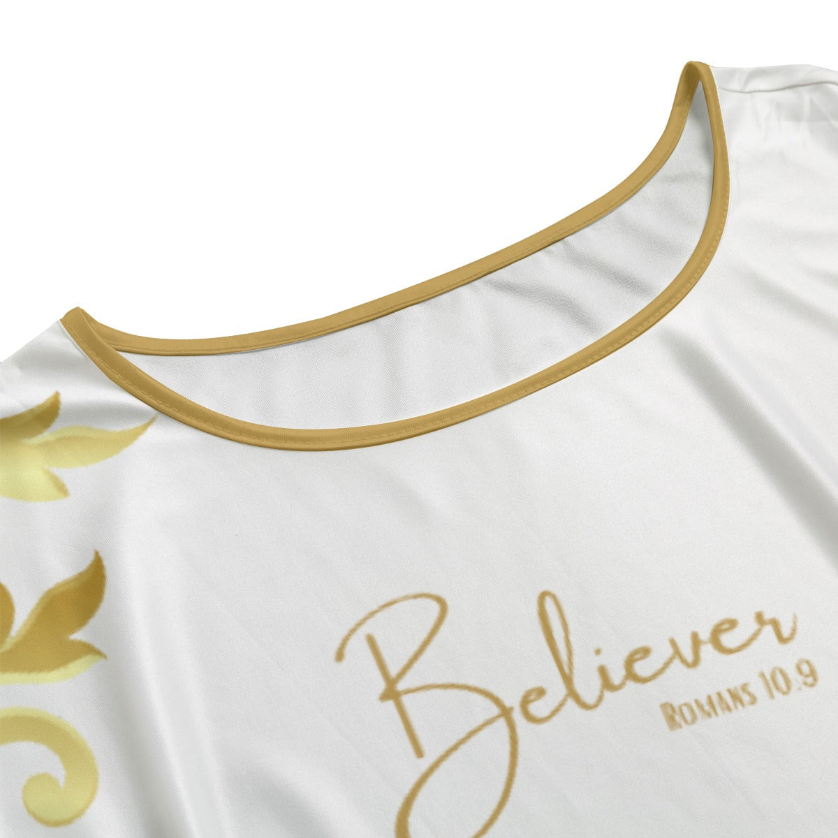 BELIEVER Romans 10:9 Gold / White Baroque Pattern Dress