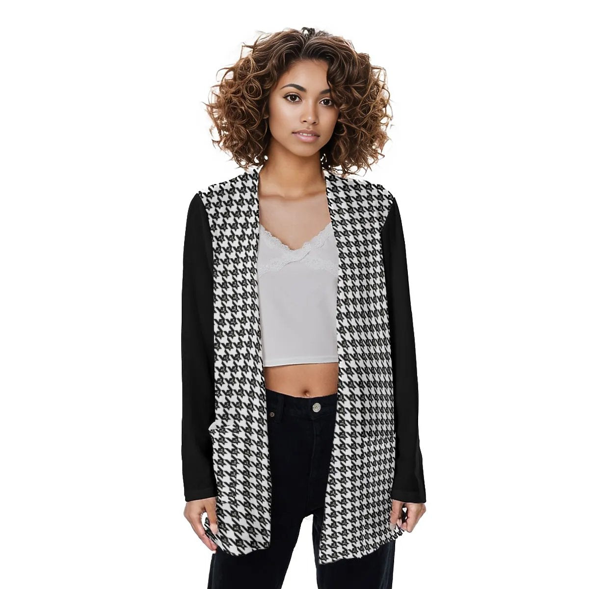 OBEDIENT Houndstooth Plaid Sleeve Pocket Cardigan